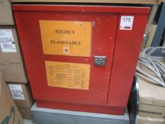 Red metal framed flammable liquids cabinet