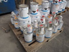 Pallet of assorted paints and PPG curing agents, component epoxy etc.