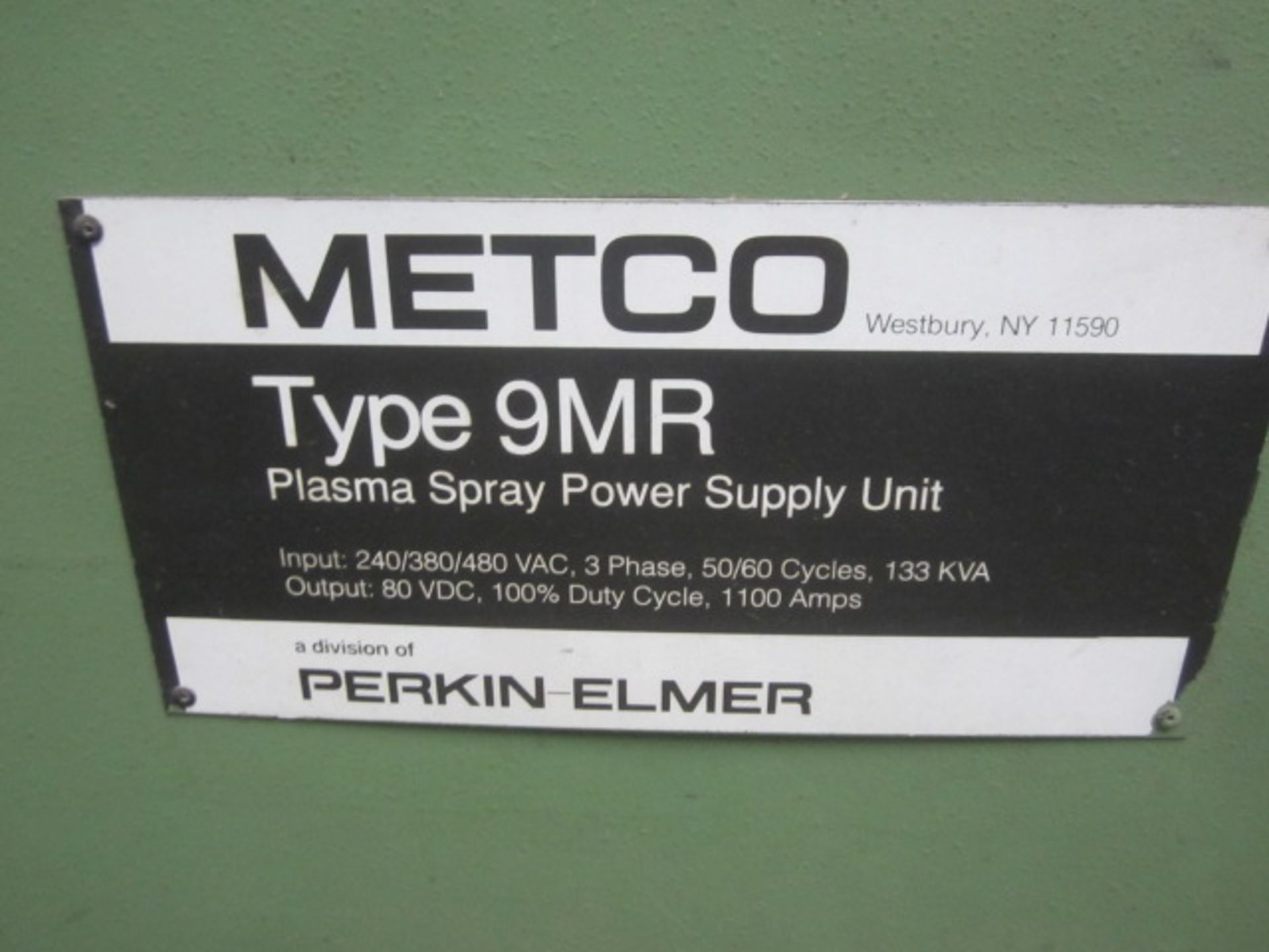 Metco 9MR plasma spray power supply, input 2VO VAC, 3 phase, 50/60 cycles, 133kva Please note: - Image 5 of 5