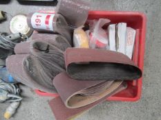 Box of assorted sanding belts and abrasive discs