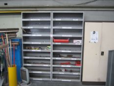 Two twin door cabinets, one four drawer cabinet, two multi shelf storage racks, assorted small tool
