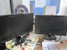 HP Elitedesk desktop PC, Benq and AOC flat screen monitors, keyboard, mouse