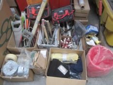 Miscellaneous lot including assorted hand tools, tool bags, tape, plastic waste bins, thermal hats