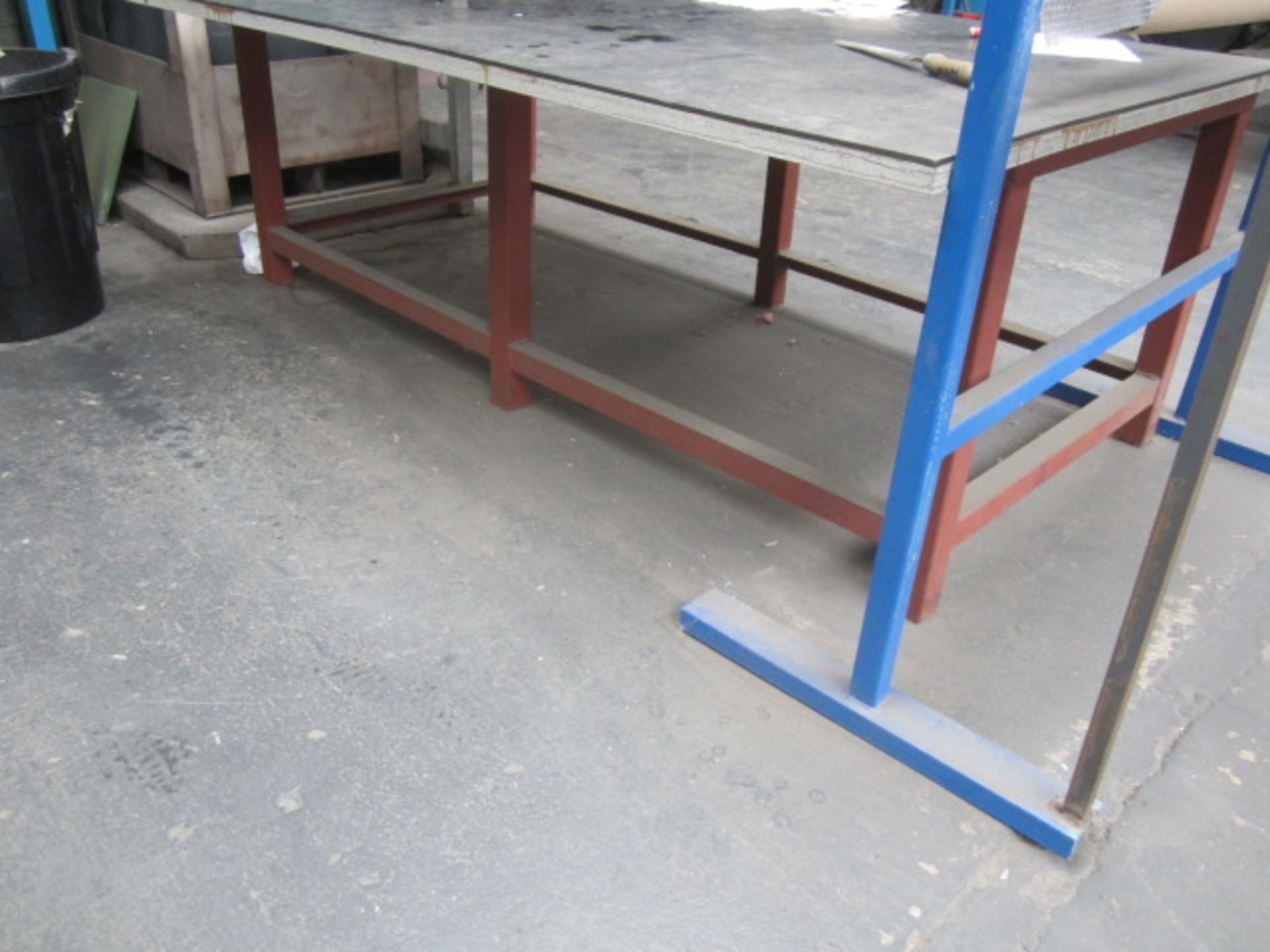 Steel framed rubber topped workbench, 2100 x 1200mm and a steel framed triple shelf storage rack, - Image 2 of 3