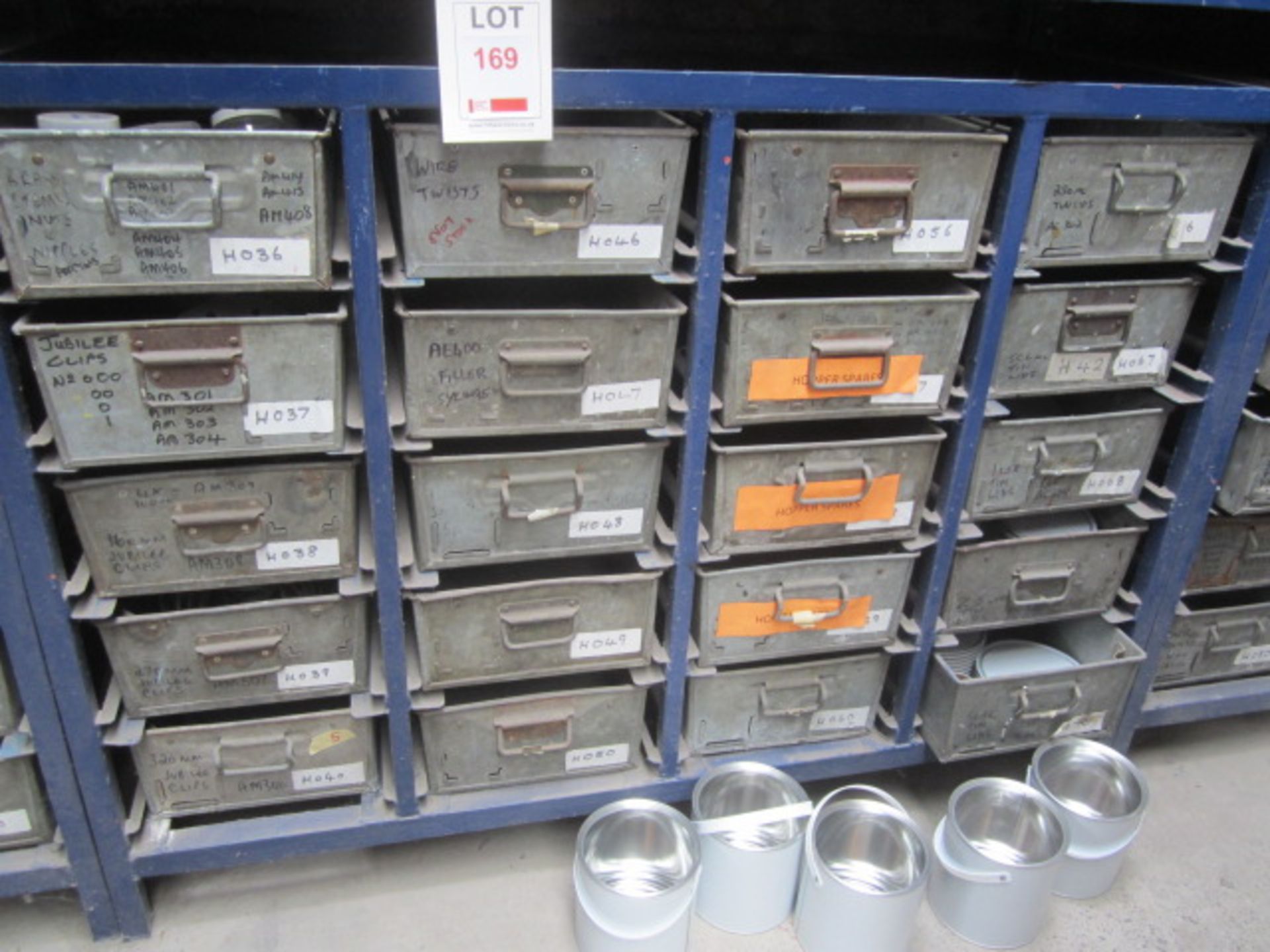 Two steel framed 20 bin storage racks and miscellaneous contents to include fittings, wire ties, - Image 3 of 3