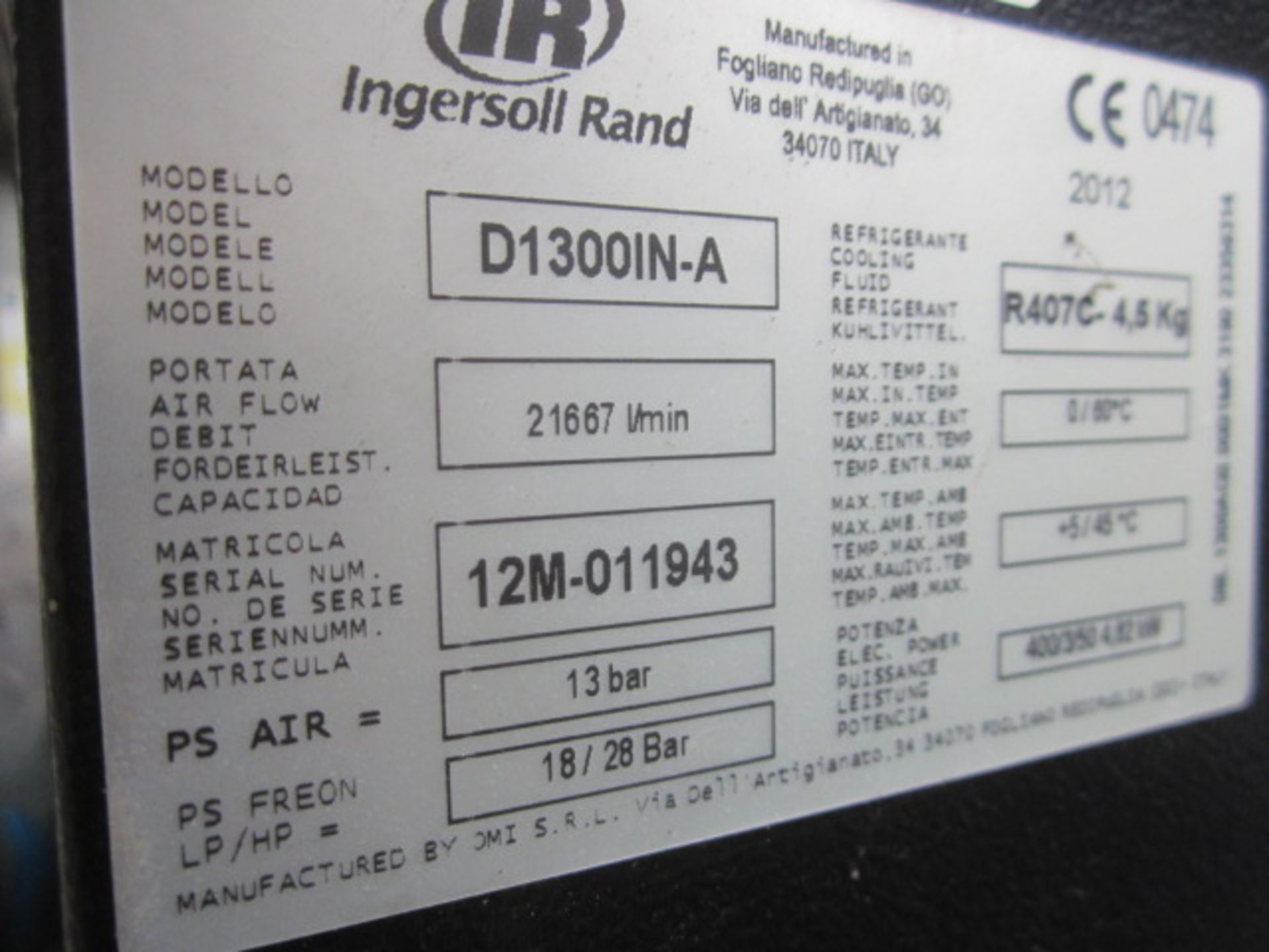 Ingersoll Rand D1300IN-A refrigerant dryer, serial no. 12M-011943 (2012) - Image 4 of 6
