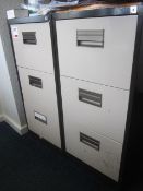 Two metal 3 drawer filing cabinets and 1 x metal 2 door storage cupboard