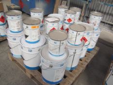 Pallet of assorted paints and PPG curing agents, component epoxy etc.