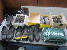 Assorted safety shoes and Visitor hi-vis vests