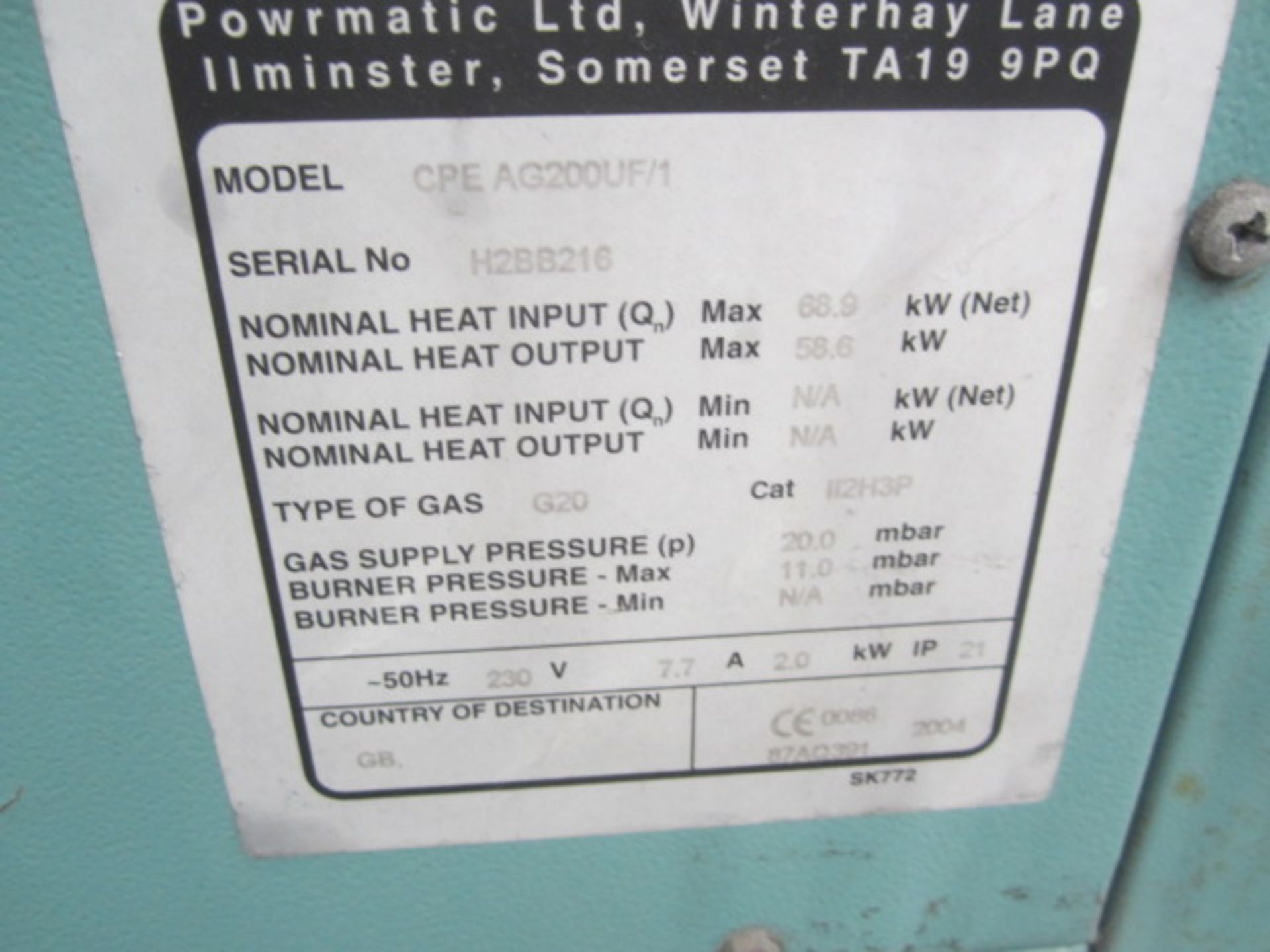 Powrmatic CPE AG200UF/1 gas operated building heater, serial no. H2BB216 (2004), type of gas G20 - Image 3 of 3
