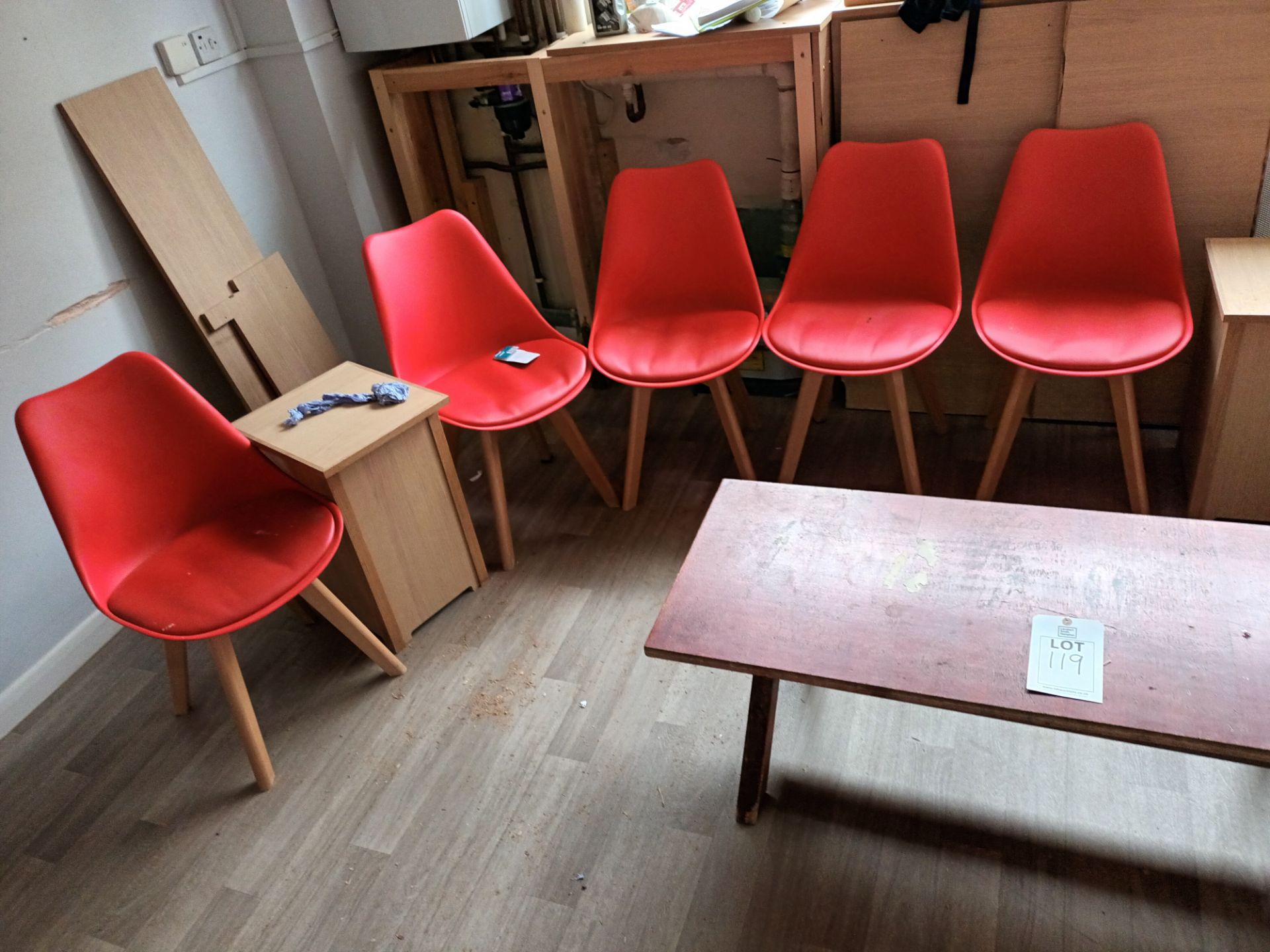 8 red leather cushion upholstered small dining chairs, 2 wood framed cushion upholstered arm - Image 2 of 3