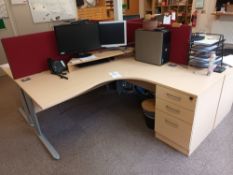 Four light wood effect cantilever corner desk units, four acoustic dividers, six light wood effect