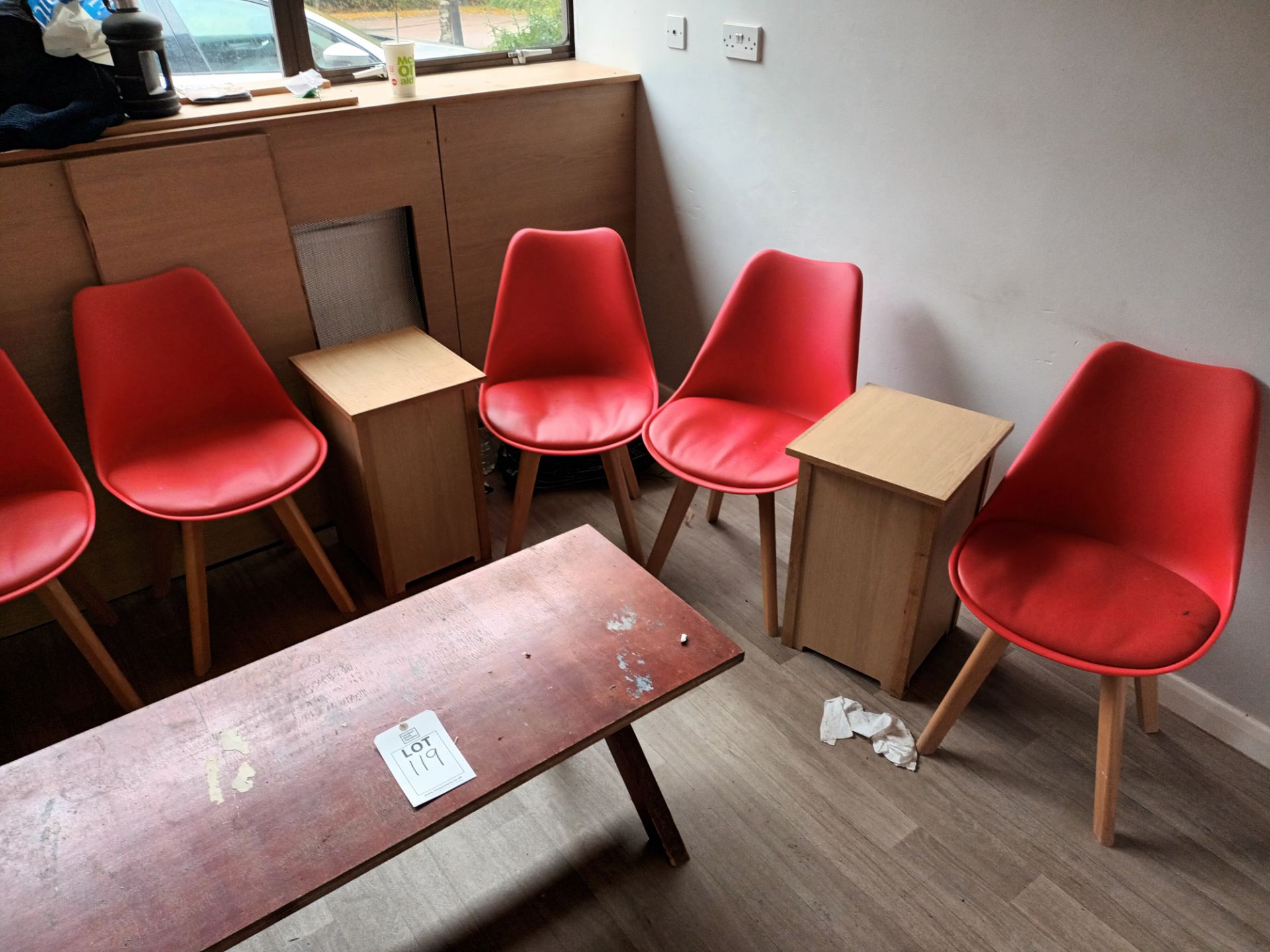 8 red leather cushion upholstered small dining chairs, 2 wood framed cushion upholstered arm - Image 3 of 3
