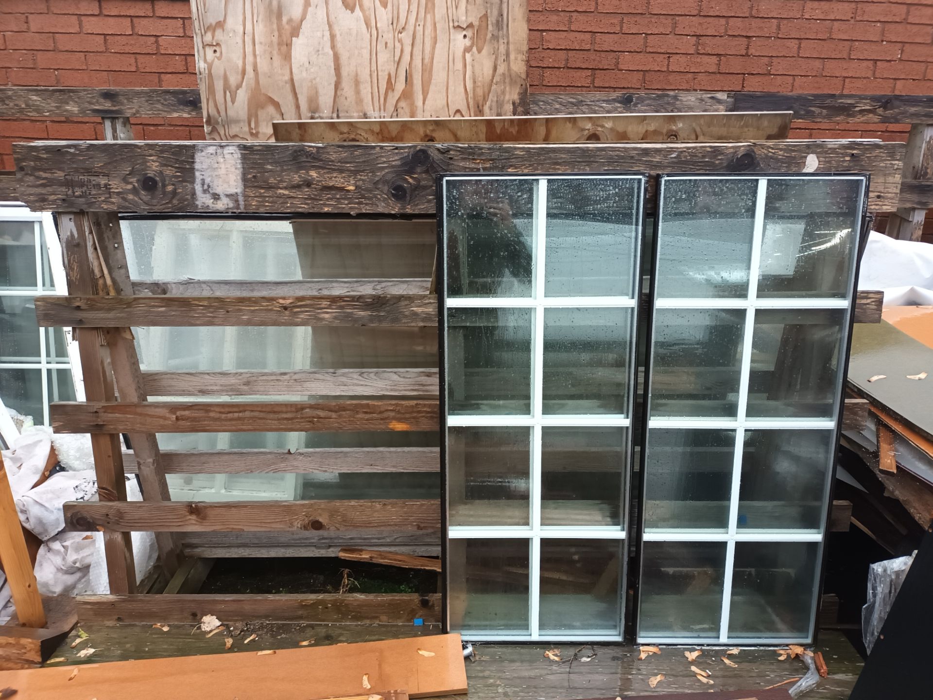 6 various size double-sided glass window pallet stands with quantity of glass window stock - Image 4 of 4
