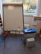 Flipchart and whiteboard on stand, three various size wall-mounted white boards, paper bin, shredder