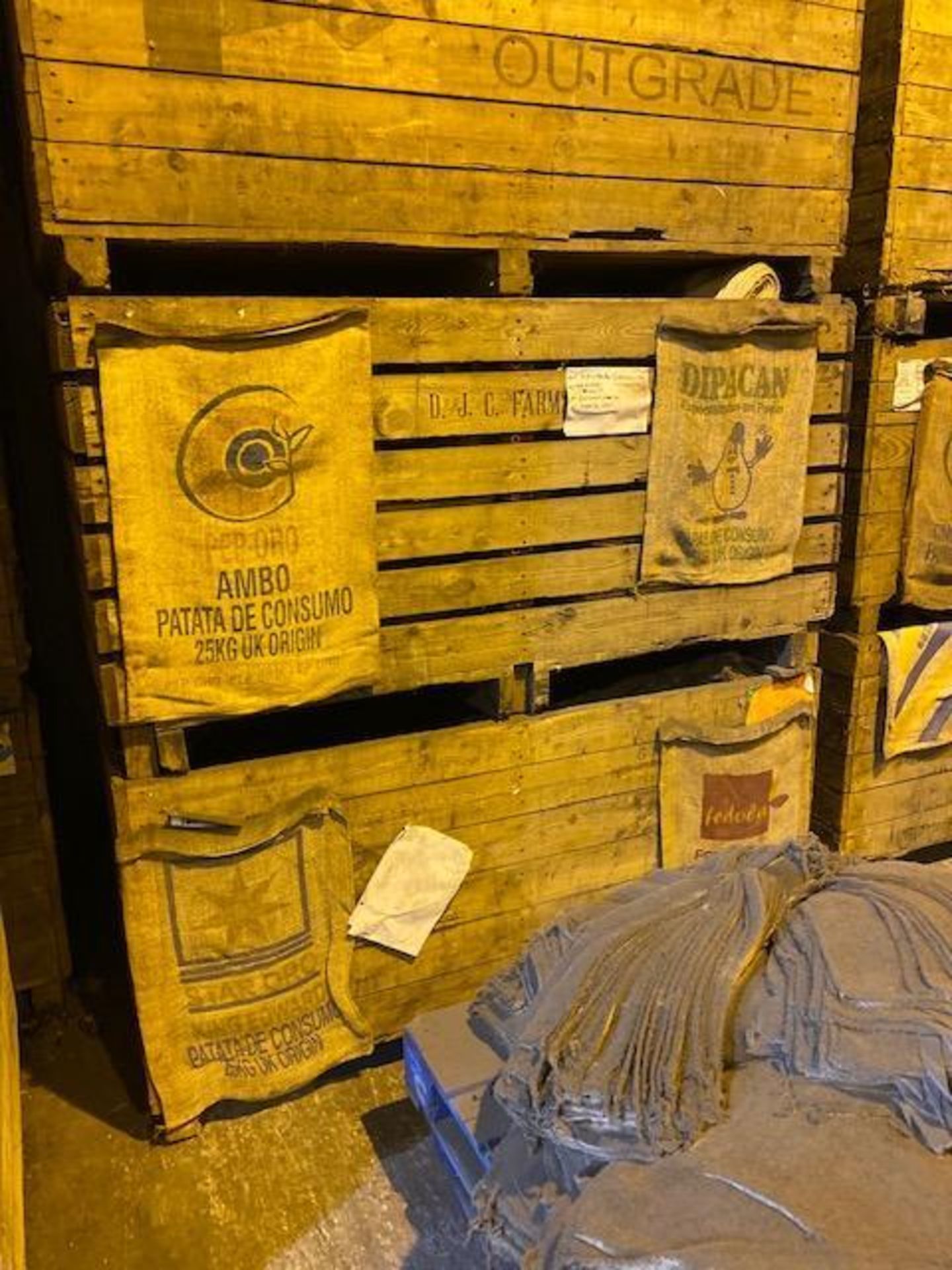 Contents of four potato boxes to include large quantity of branded Hessian potato sacks - Image 2 of 3