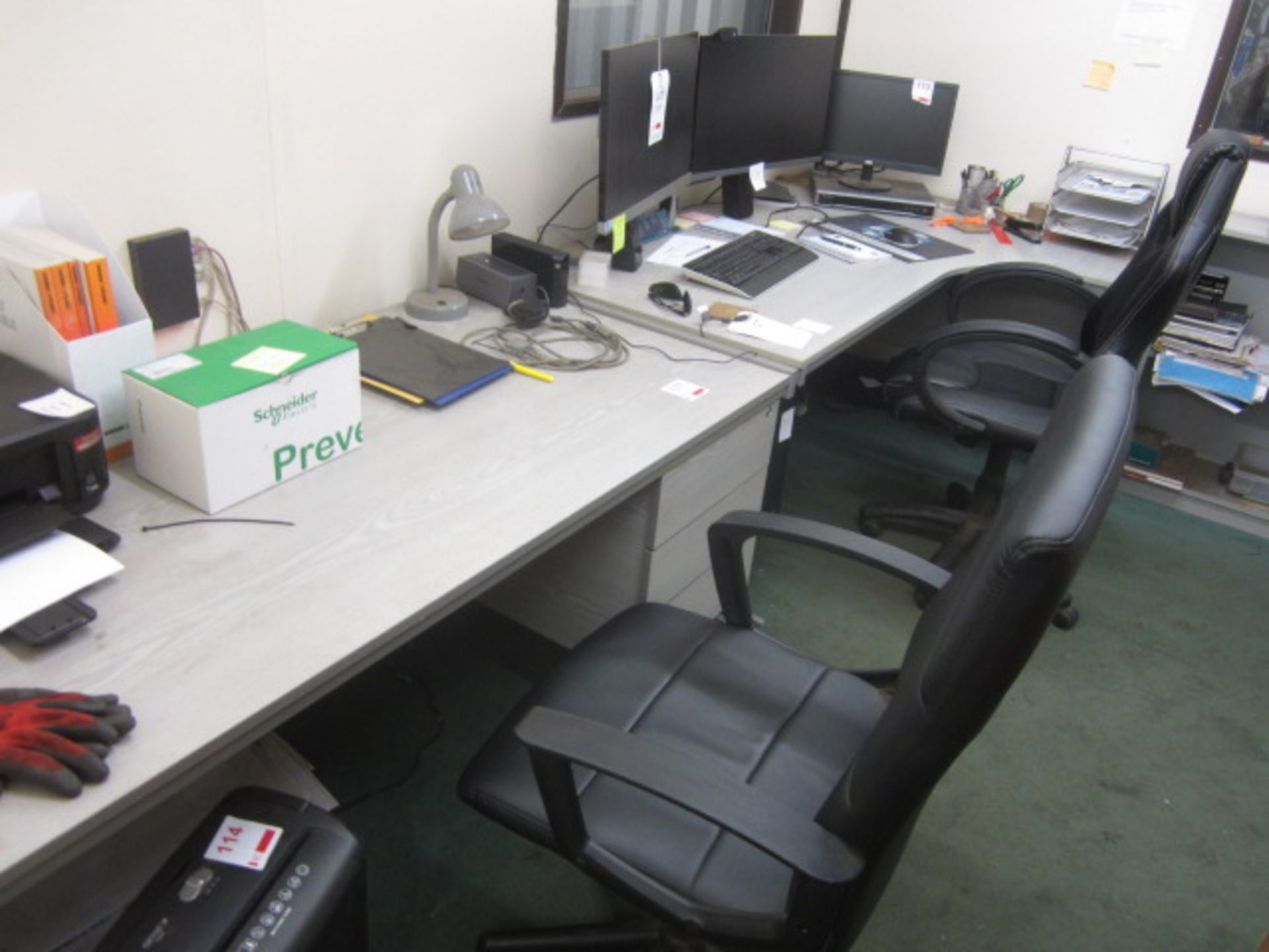 Grey single pedestal straight desk, grey corner workstation 3 x grey bookcases, 2 x leatherette