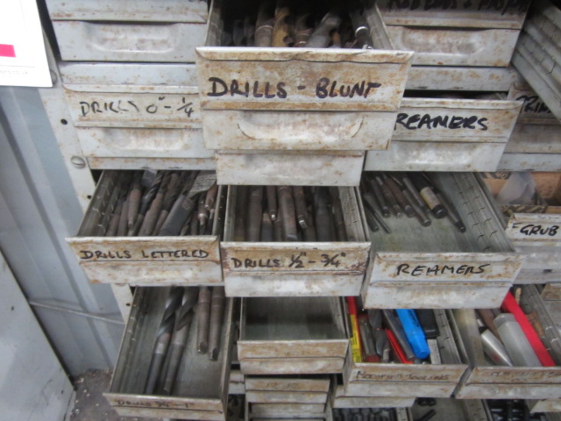 Metal multi bin storage rack and timber cabinet with contacts including drill bits, reamers, - Image 8 of 13