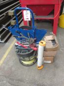 Banding trolley, various banding wire, associated tooling, 3 x boxes of seal clips, shrink wrap hand