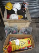 Assorted PPE including hard hats, gloves, water proofs, ear plugs, 2 x bags of rags, 2 x warning