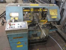 iMAS iMY 280 horizontal steel cut bandsaw, serial no. 0147, coolant (2002) with 2 x gravity roll