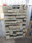 Metal multi bin storage rack and timber cabinet with contacts including drill bits, reamers,