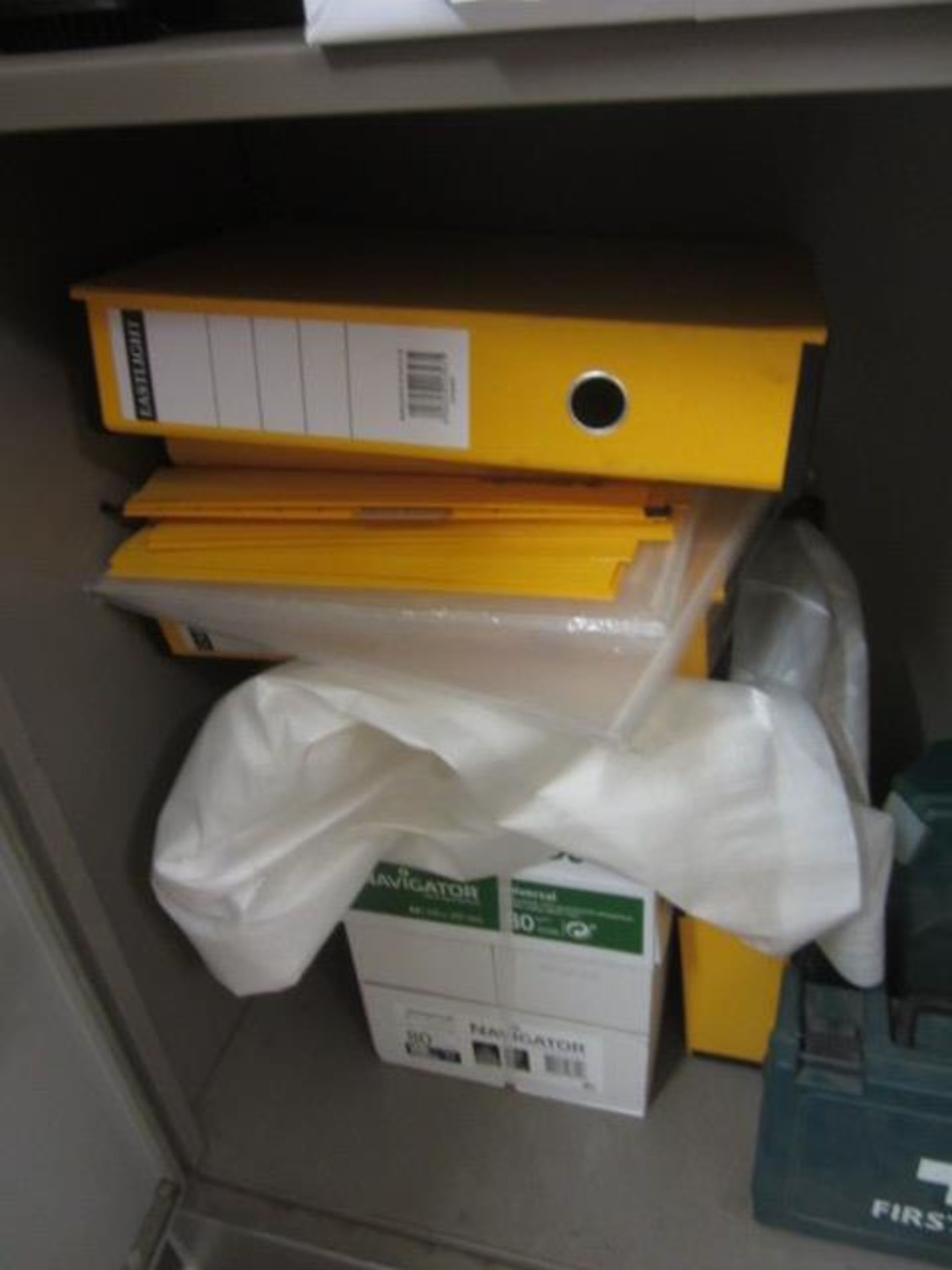 Metal 2 door storage cupboard with contents of office consumables including pens, envelopes, Comb - Image 4 of 8