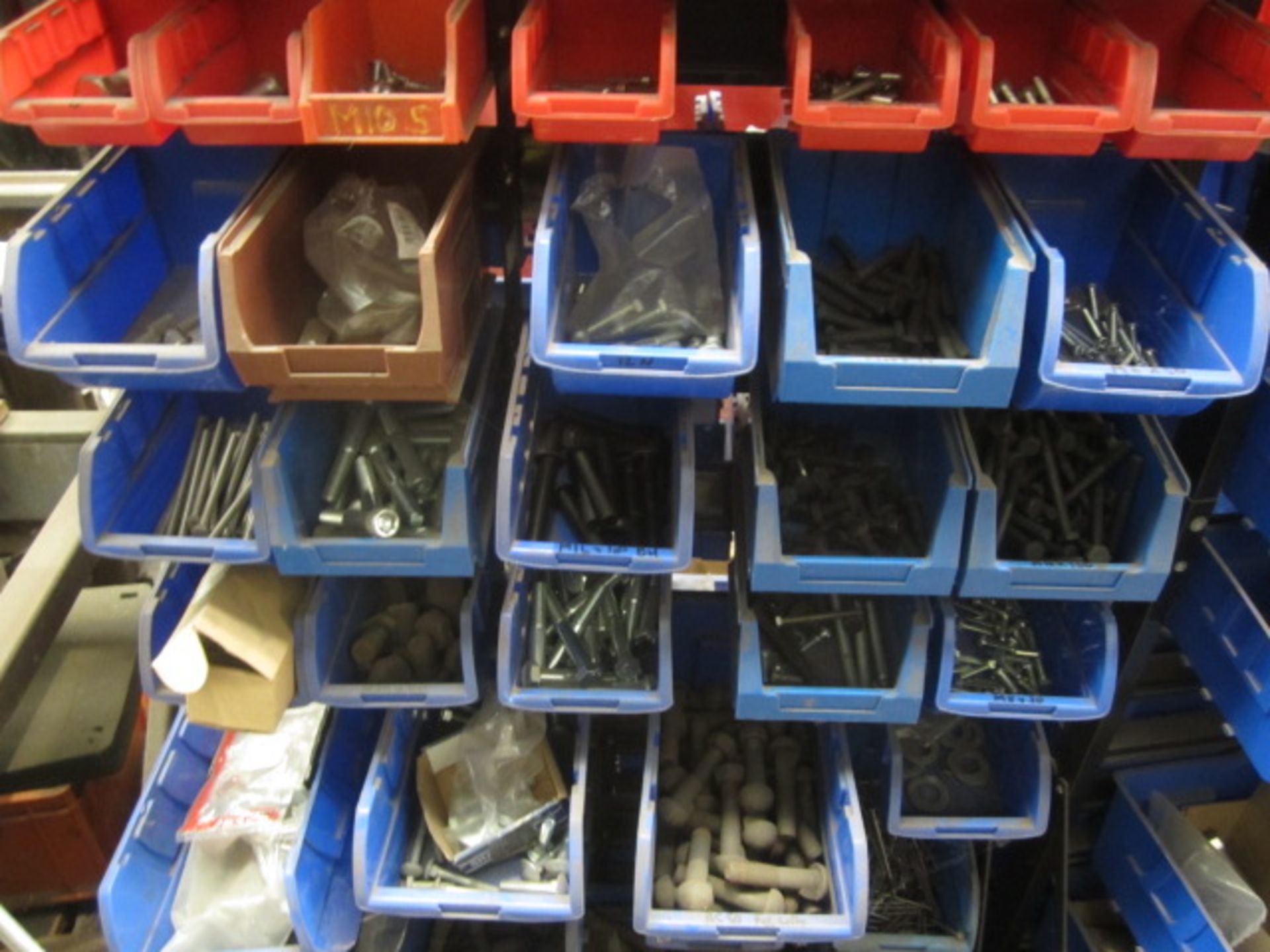 Two mobile multi bin storage racks with contents including bolts, washers, nuts, screws, threaded - Image 8 of 10