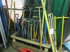 Assorted hand tools including shovels, forks, rakes, sprit levels, sledge hammer, crow bars, etc.