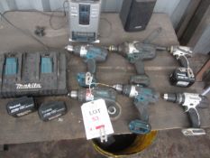 Four Makita cordless drills, 2 x Makita cordless impact drills, twin station charger, 3 batteries (2