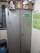 Metal 2 door storage cupboard with contents of office consumables including pens, envelopes, Comb