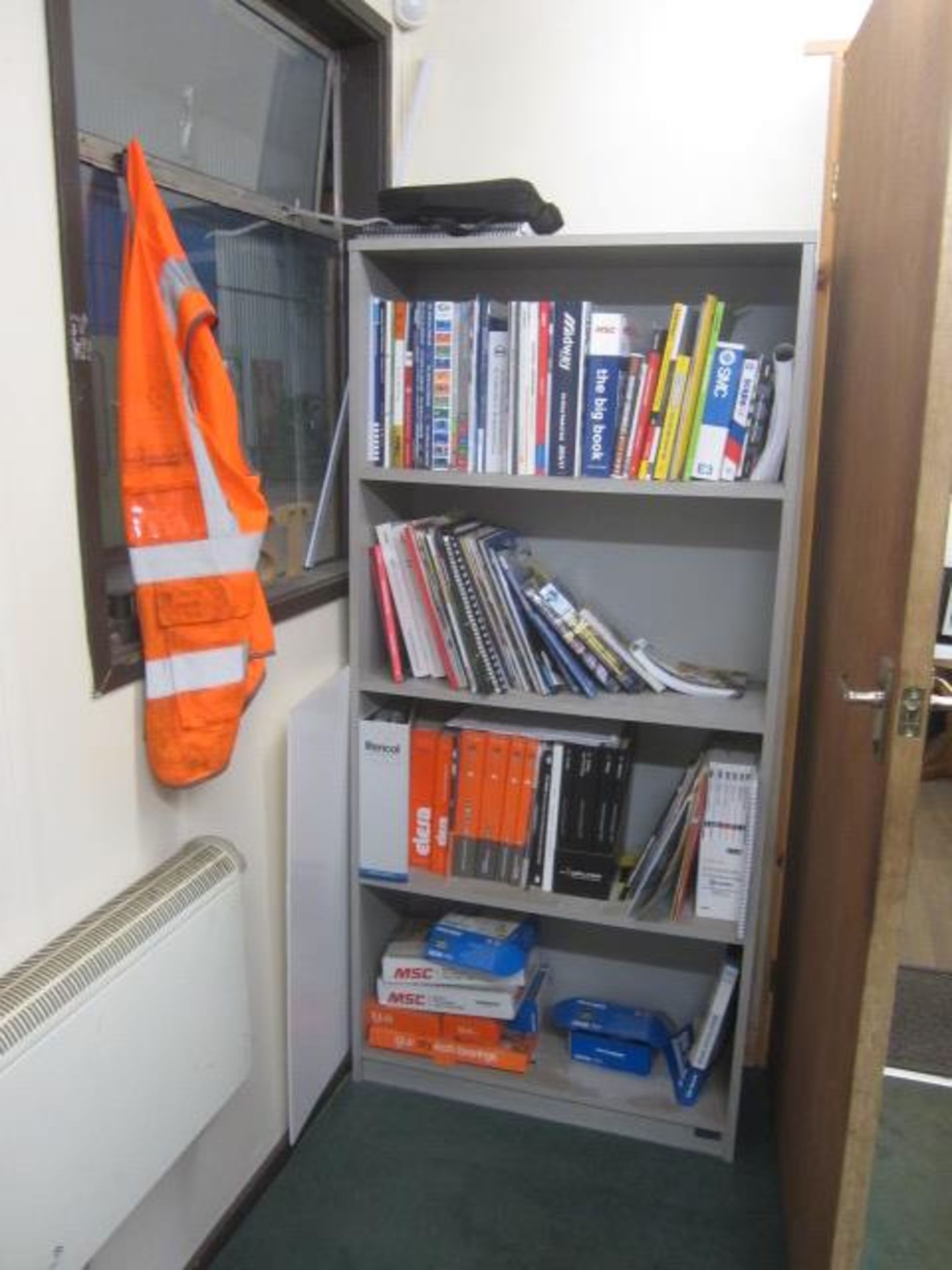 Grey single pedestal straight desk, grey corner workstation 3 x grey bookcases, 2 x leatherette - Image 3 of 6