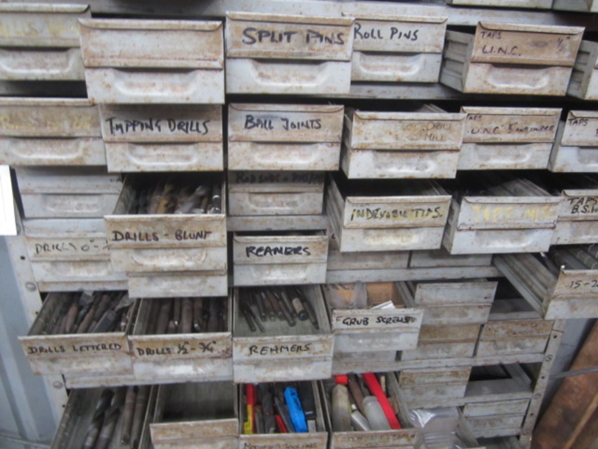 Metal multi bin storage rack and timber cabinet with contacts including drill bits, reamers, - Image 3 of 13