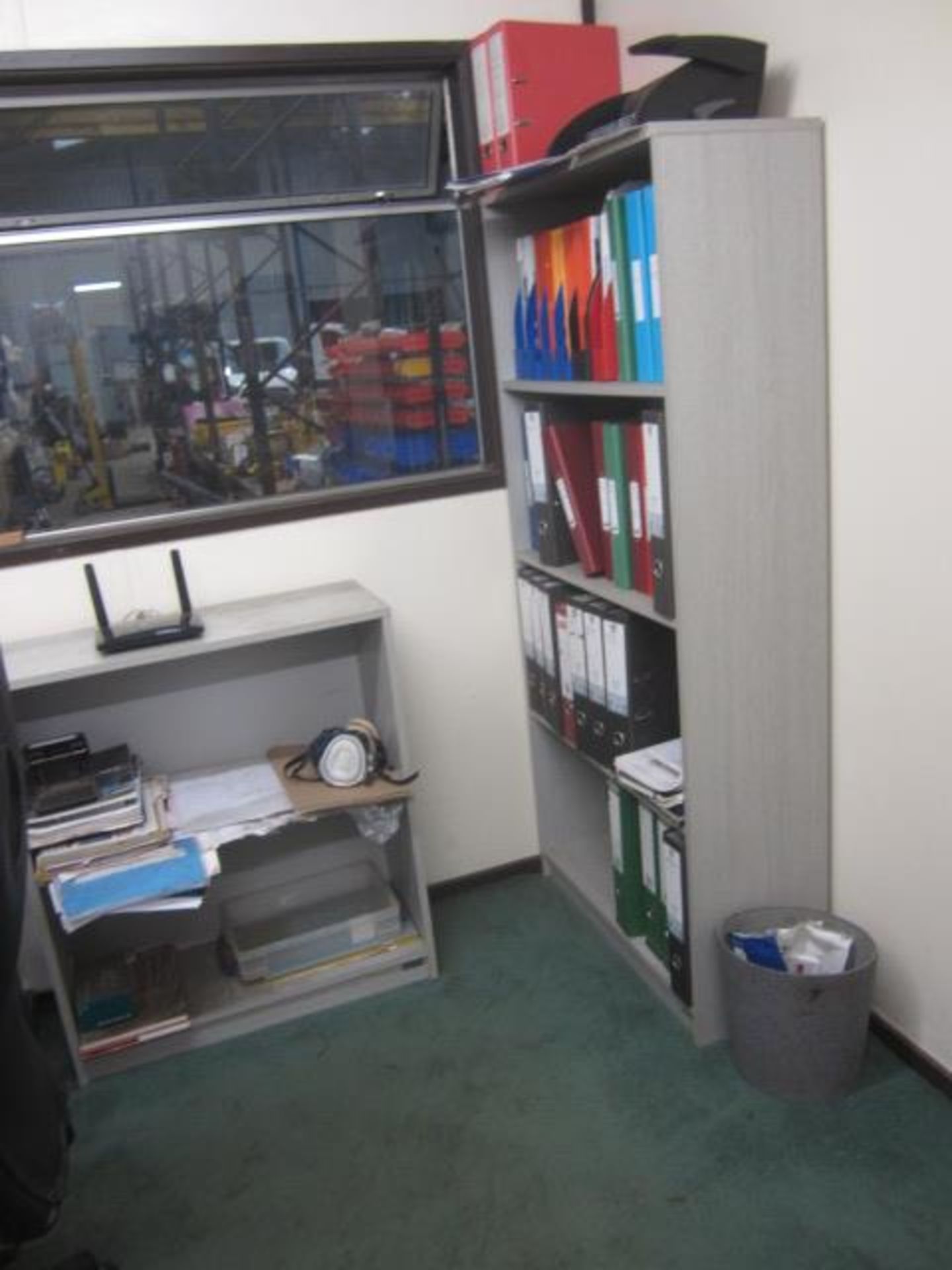 Grey single pedestal straight desk, grey corner workstation 3 x grey bookcases, 2 x leatherette - Image 2 of 6