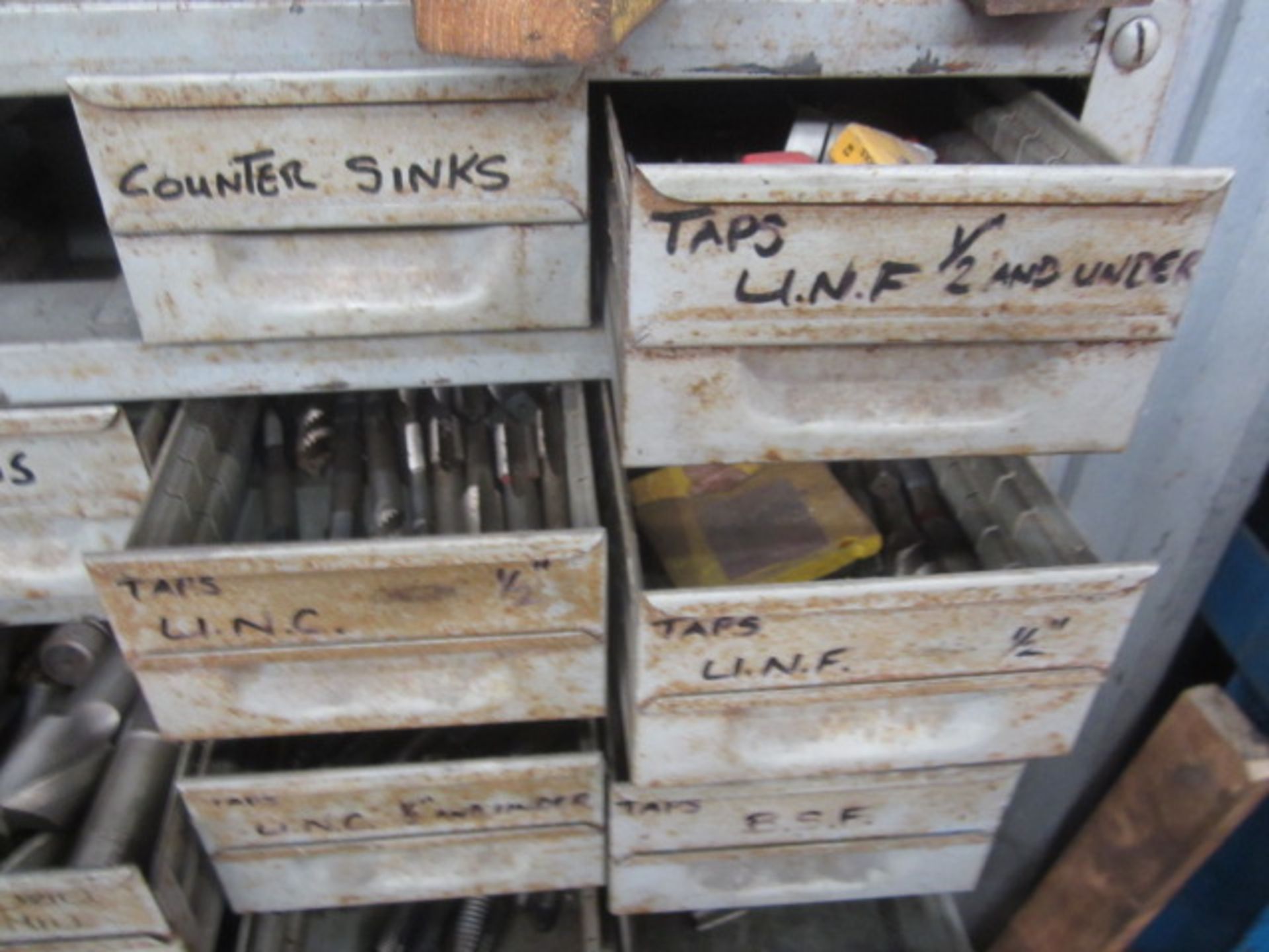 Metal multi bin storage rack and timber cabinet with contacts including drill bits, reamers, - Image 5 of 13