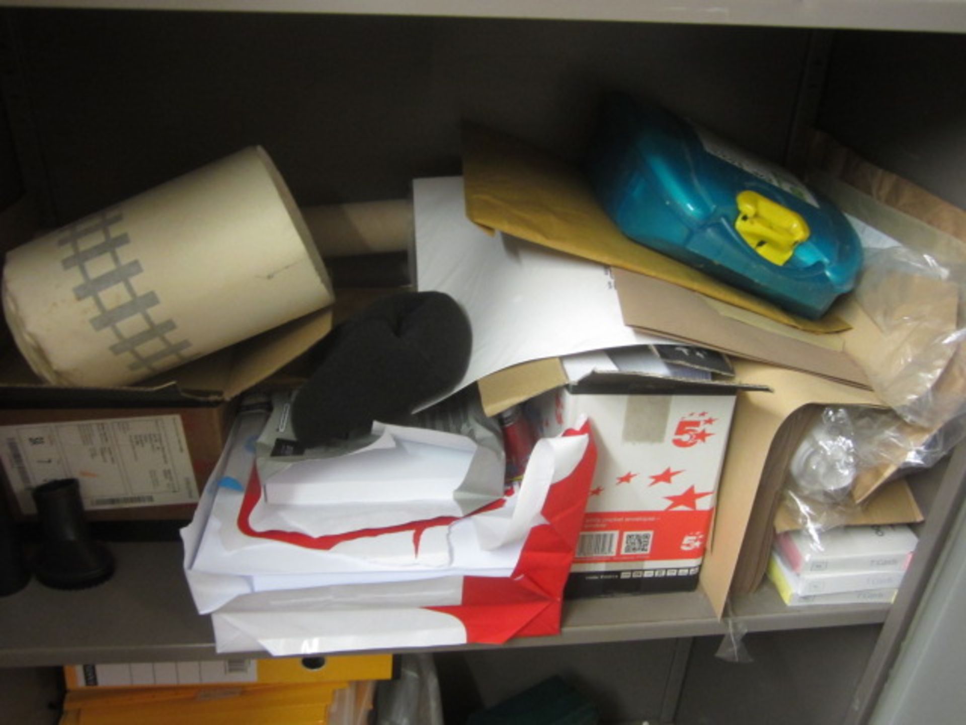 Metal 2 door storage cupboard with contents of office consumables including pens, envelopes, Comb - Image 3 of 8