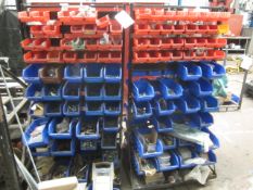 Two mobile multi bin storage racks with contents including bolts, washers, nuts, screws, threaded