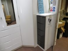 Bespoke white gloss wardrobe unit with 5 doors (2 mirrored) with Sprung loaded pull down wardrobe ra