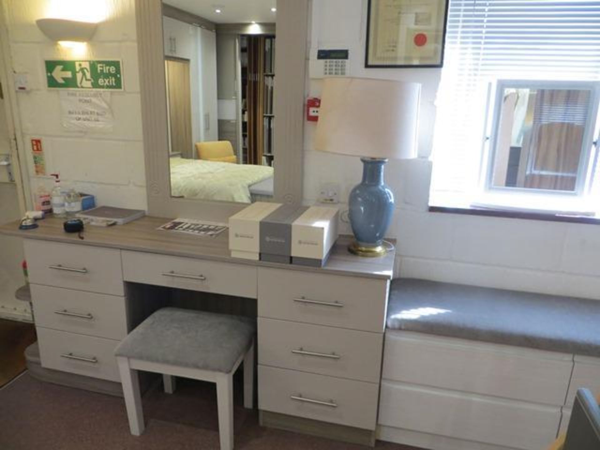 Bespoke 7-drawer dressing table with radius end shelving 1800m wide, 780mm height, stool etc.,