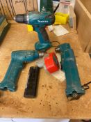Two cordless Makita drills and one Makita cordless angle drill complete with two batteries and one c
