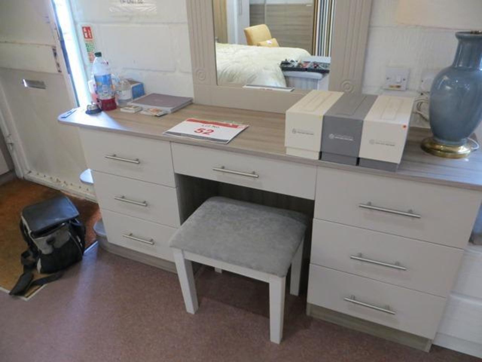 Bespoke 7-drawer dressing table with radius end shelving 1800m wide, 780mm height, stool etc., - Image 3 of 5