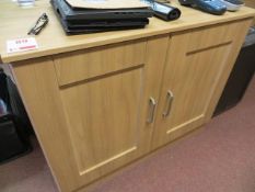 Purpose-built beech effect desk with cupboard and drawers, complete with two door separate cupboard,