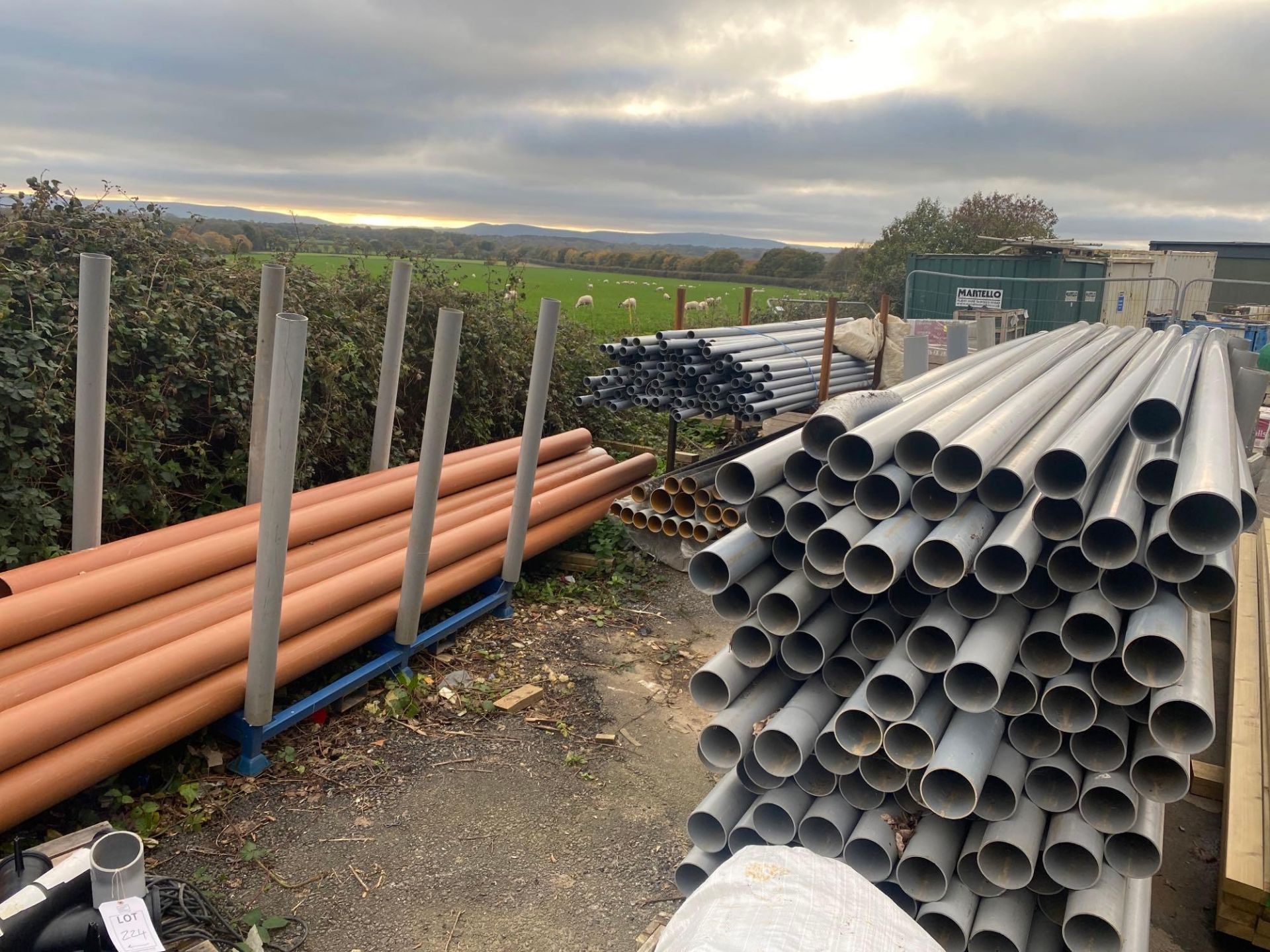 3 stillages and 1 create comprising a large quantity of BT and waste pipe various lengths and sizes