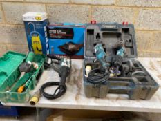 A selection of various power tools to include 1 x Leicester heat gun 110V, 3 x various Makita 110V a