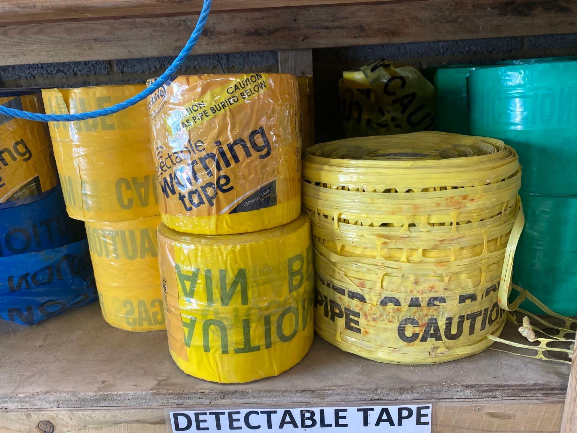 Contents of two shelves to include blue yellow and green detectable warning tape - Image 2 of 4