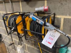 2 x Stanley Bostitch wall mounted retracting air hoses with PCL air force mk4 tire inflation attachm