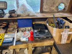 Contents of two shelves to include various hand tools, injection pressure kit, bottle jack, tap and