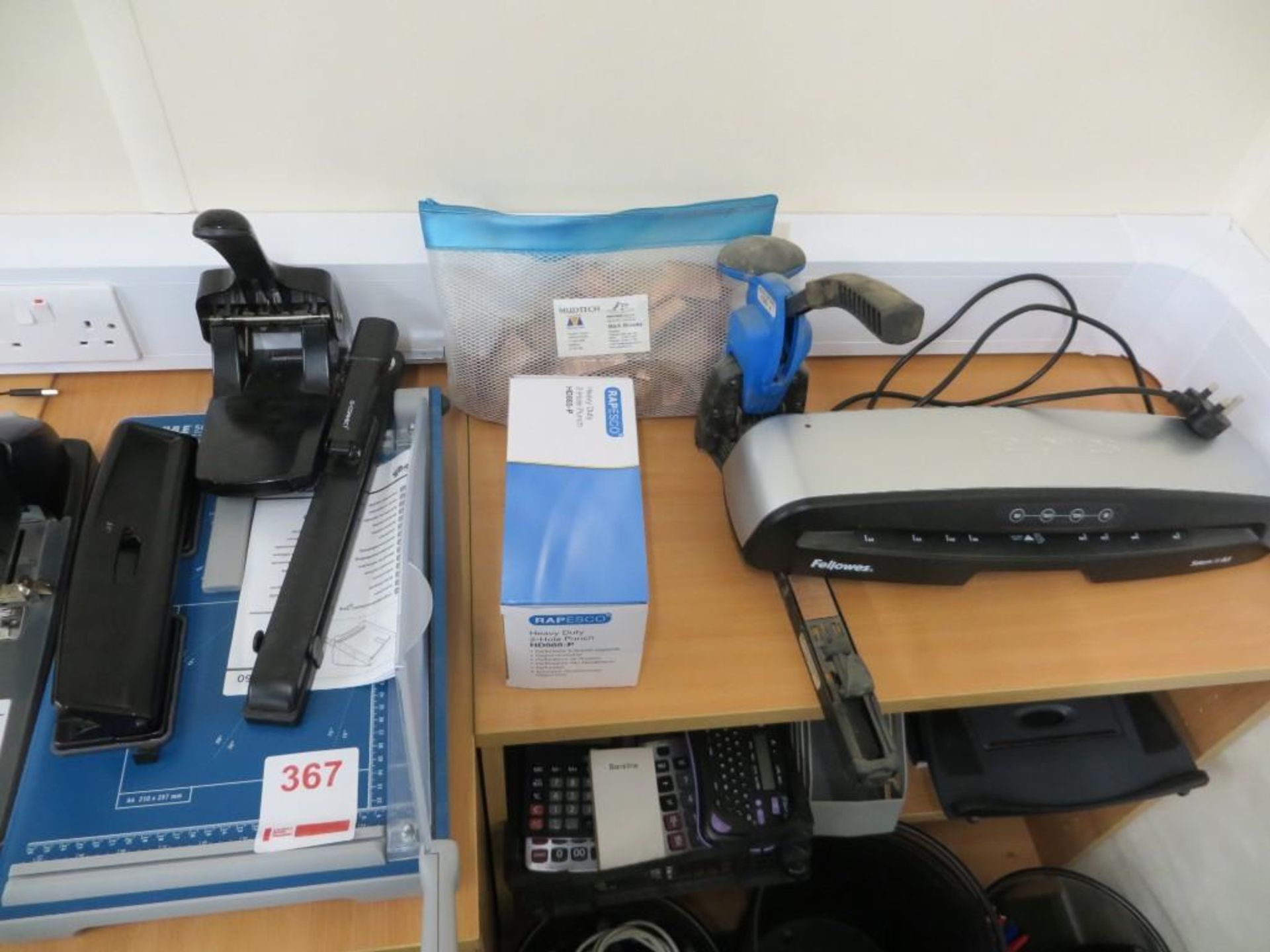 The office sundries to include Fellows Saturn A3 laminator, 11 mesh waste paper bins, various calcul - Image 3 of 3