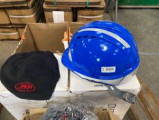 10 JSP blue safety helmets with reflector strips complete with approximately 50 JSP thermal safety h