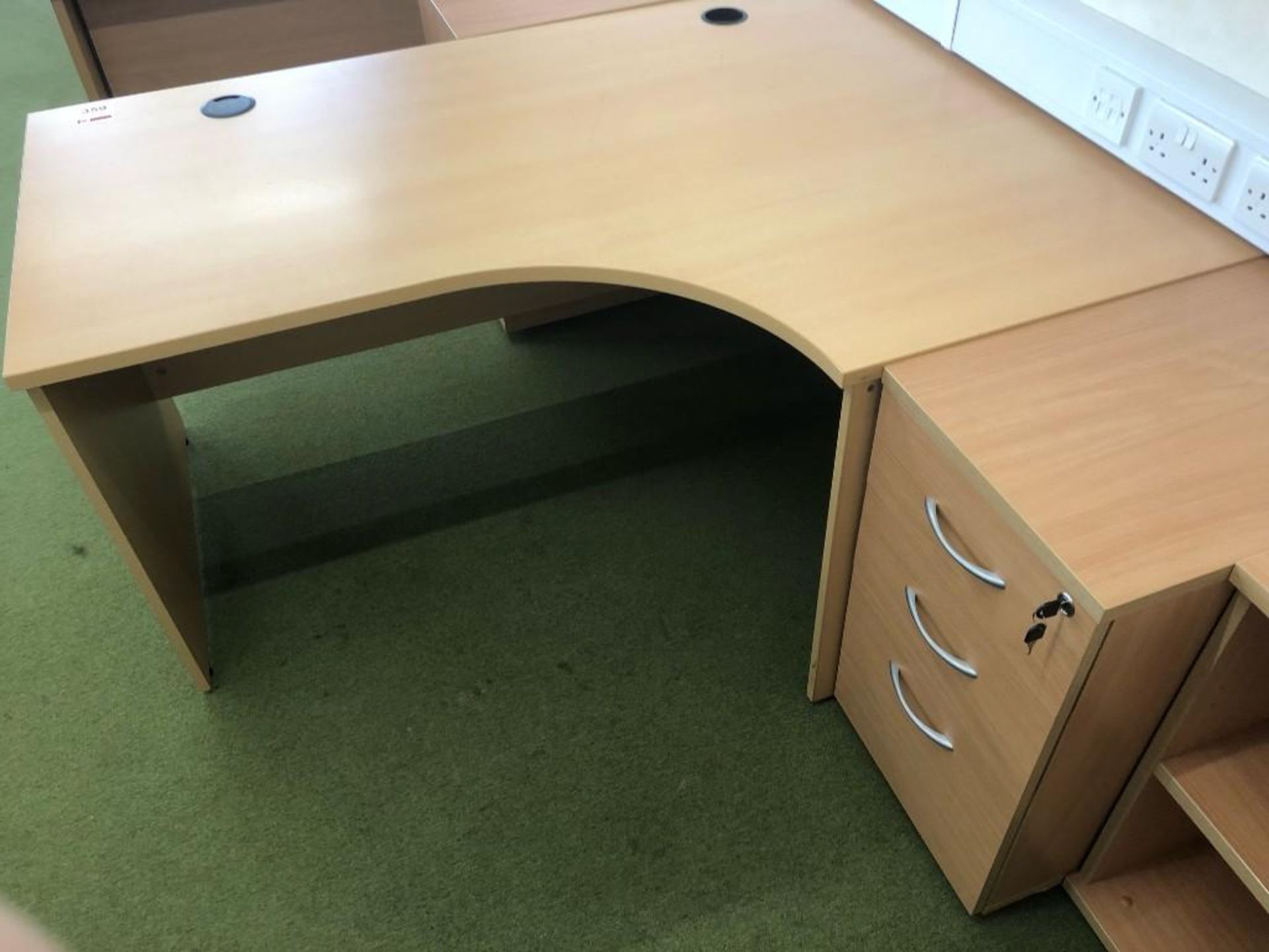 Light oak veneer wavefront workstation c/w desk high pedestal desk high bookcase - Image 3 of 3